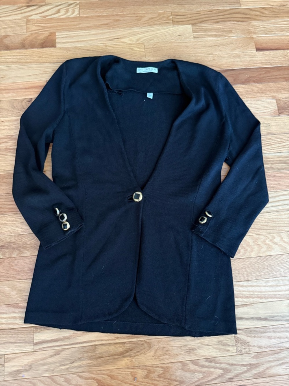 St. John Black Open Knit Cardigan with Gold Accent Buttons